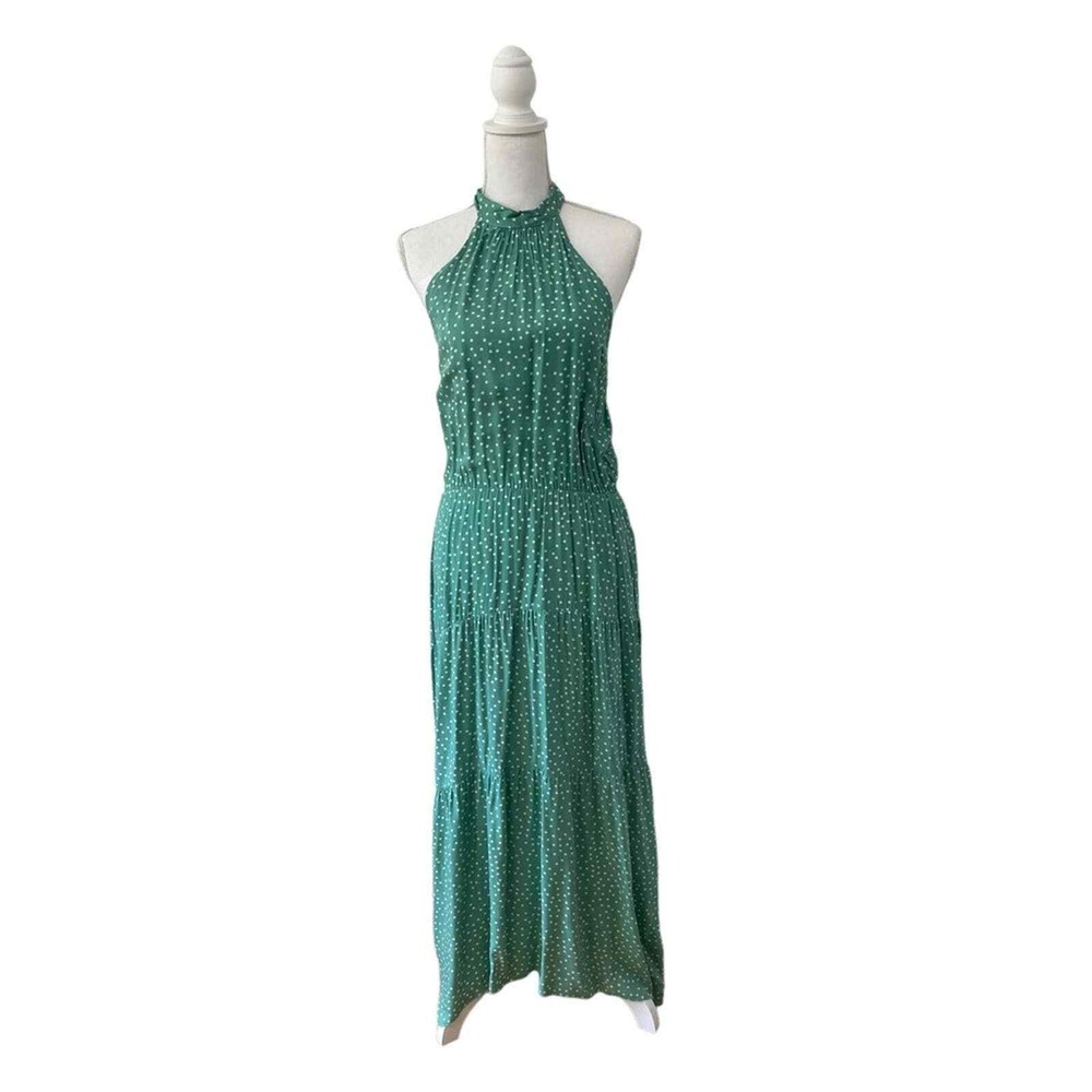 Halter Boho Polka Dot Print Sleeveless Casual Swing Maxi‎ Dress Green SMALL